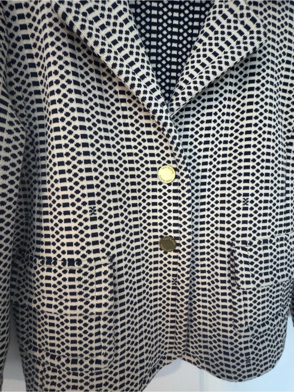 Tory Burch Navy and Cream Geometric Knit Jacket with Logo Tag